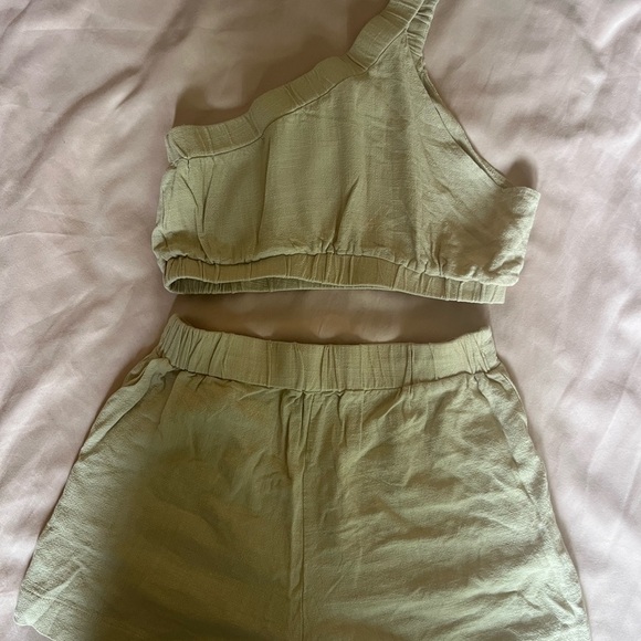 High Waist Tan Shorts and One shoulder top Matching Set - Picture 3 of 8